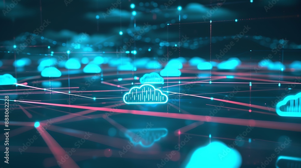 Poster Abstract representation of cloud computing with digital data streams and interconnected network nodes on a blue background symbolizing seamless data transfer