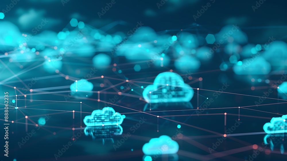 Poster Abstract representation of cloud computing with digital data streams and interconnected network nodes on a blue background symbolizing seamless data transfer