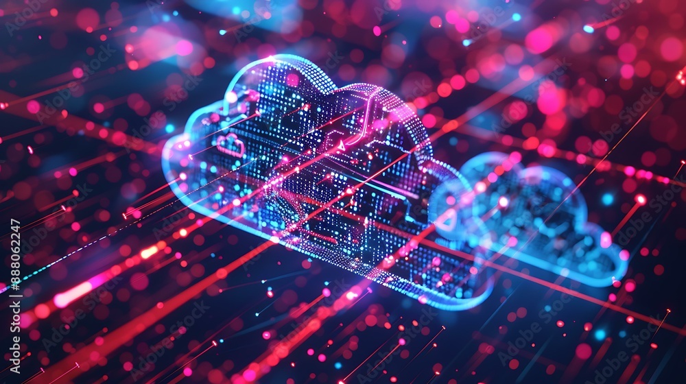 Poster Abstract representation of cloud computing with digital data streams and interconnected network nodes on a blue background symbolizing seamless data transfer