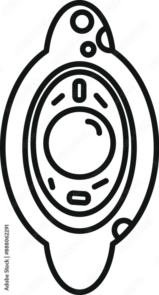Poster simple black and white line drawing of a spaceship window showing planet with crater from orbit