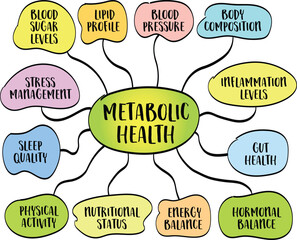 components and factors affecting metabolic health, vector infographics mind map sketch
