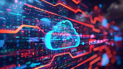 Fototapeta premium Futuristic illustration of cloud servers and binary code flowing through a digital grid showcasing efficient and secure data transfer