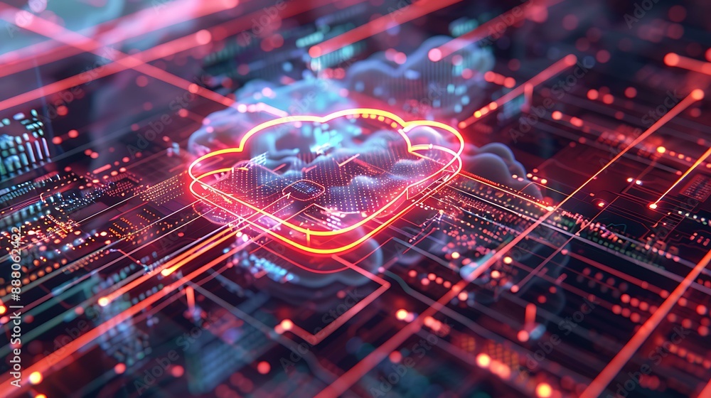 Poster High-tech image of a cloud icon surrounded by dynamic data lines and holographic elements depicting real-time data processing and cloud storage