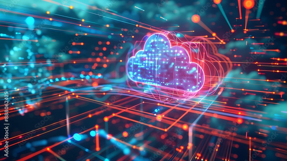 Poster High-tech image of a cloud icon surrounded by dynamic data lines and holographic elements depicting real-time data processing and cloud storage