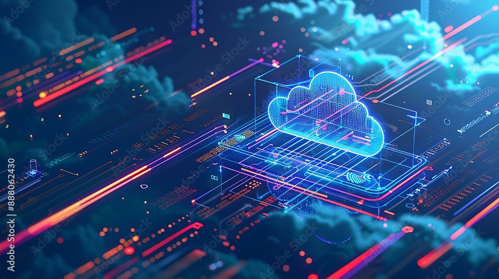 Poster modern depiction of cloud computing infrastructure with virtual servers, data pathways, and security