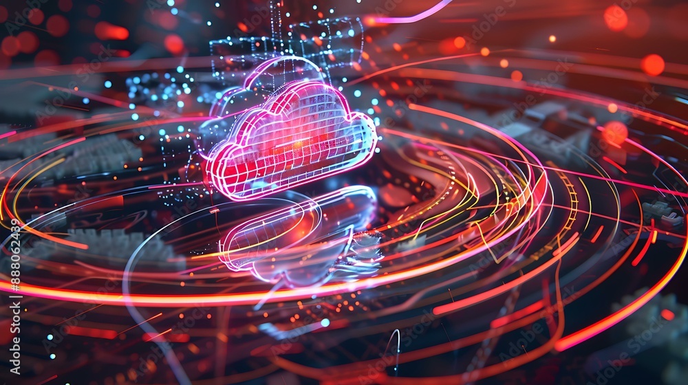 Poster High-tech image of a cloud icon surrounded by dynamic data lines and holographic elements depicting real-time data processing and cloud storage