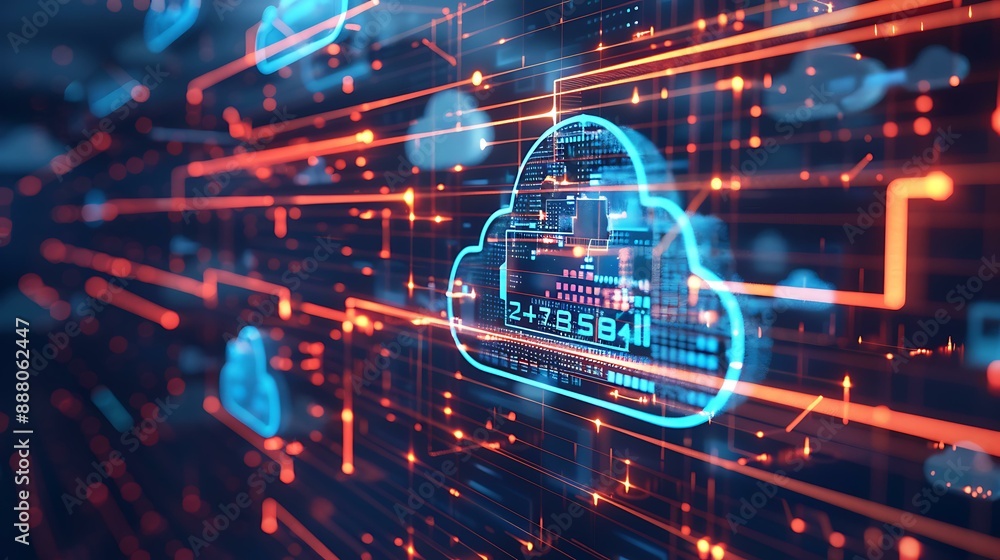 Poster modern depiction of cloud computing infrastructure with virtual servers, data pathways, and security
