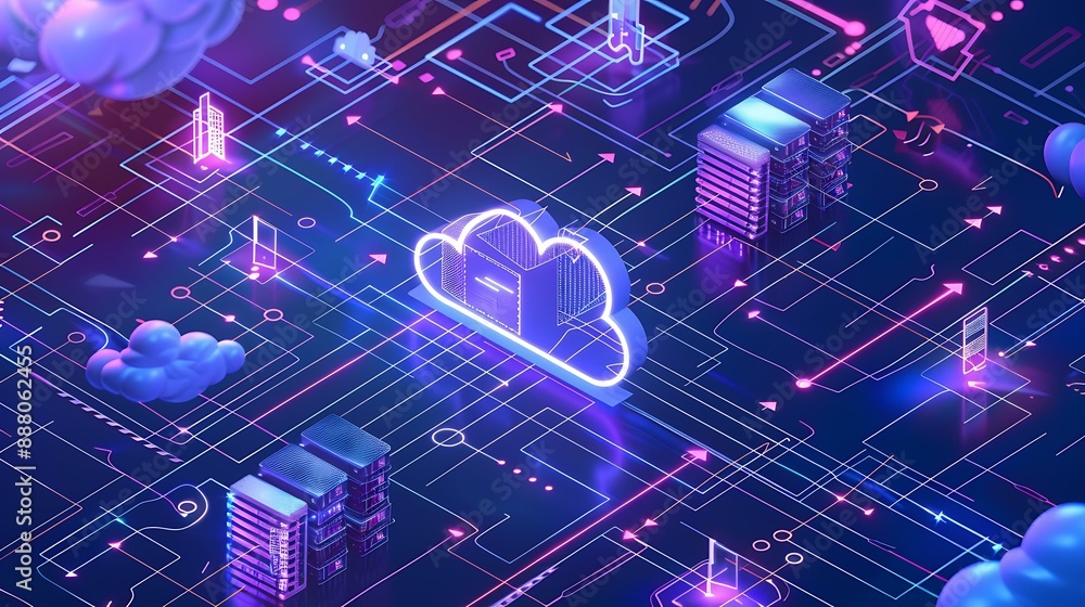 Poster modern depiction of cloud computing infrastructure with virtual servers, data pathways, and security