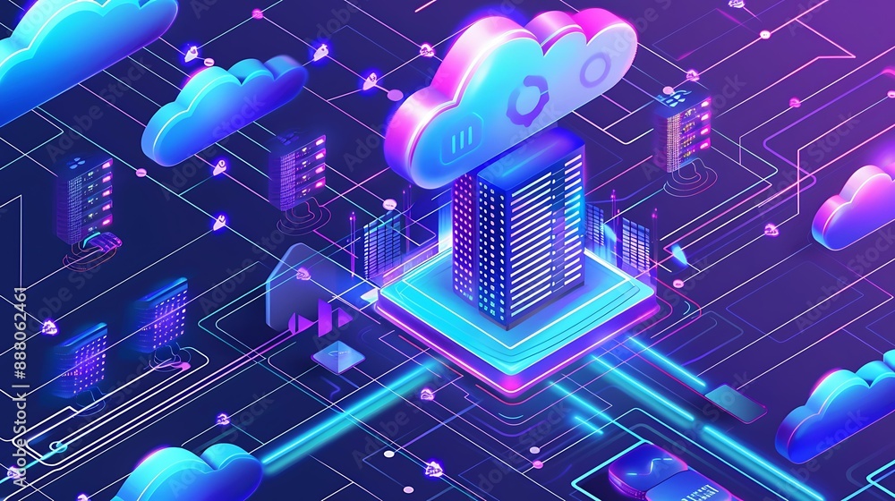 Poster modern depiction of cloud computing infrastructure with virtual servers, data pathways, and security