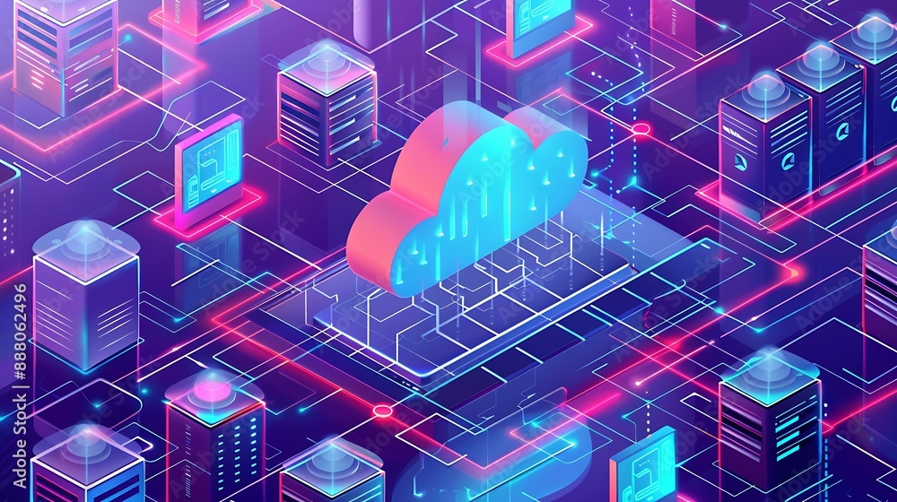 Poster modern depiction of cloud computing infrastructure with virtual servers, data pathways, and security
