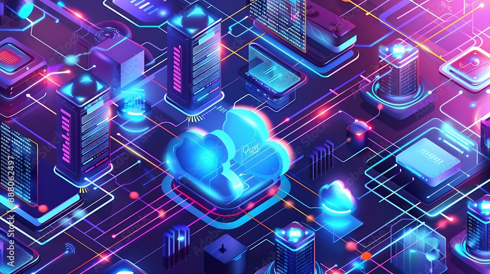 Poster modern depiction of cloud computing infrastructure with virtual servers, data pathways, and security