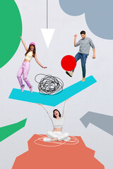 Vertical photo collage artwork picture of funky excited friends dancing having fun isolated creative background