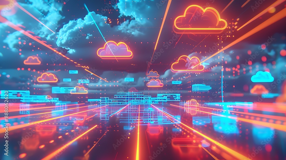 Poster visual concept of digital data transfer with cloud symbols and virtual connections highlighted by vi