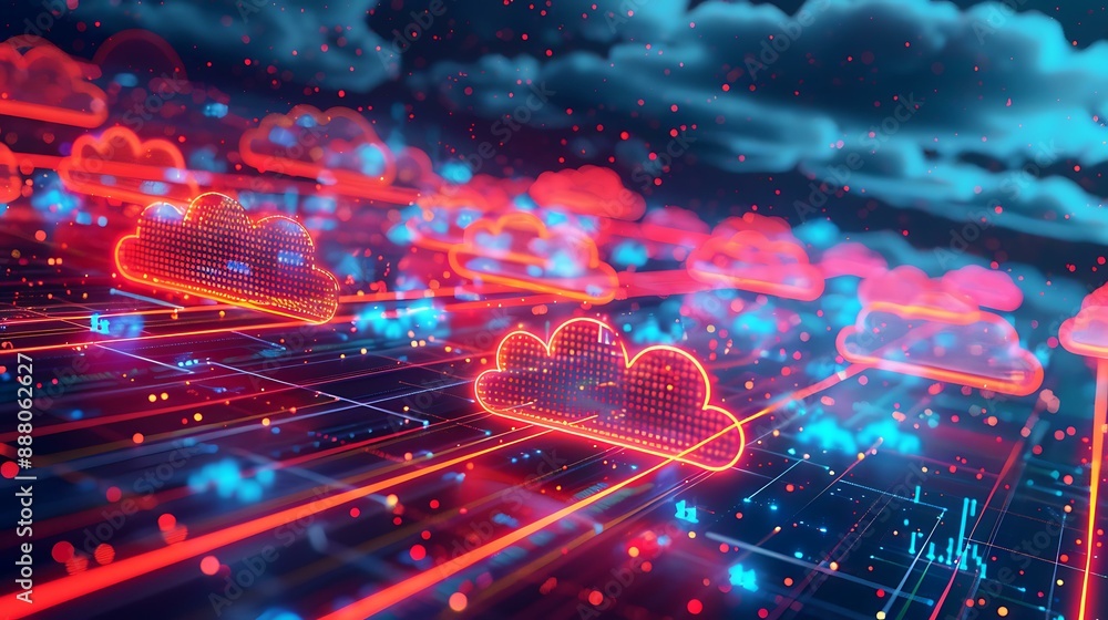 Poster visual concept of digital data transfer with cloud symbols and virtual connections highlighted by vi