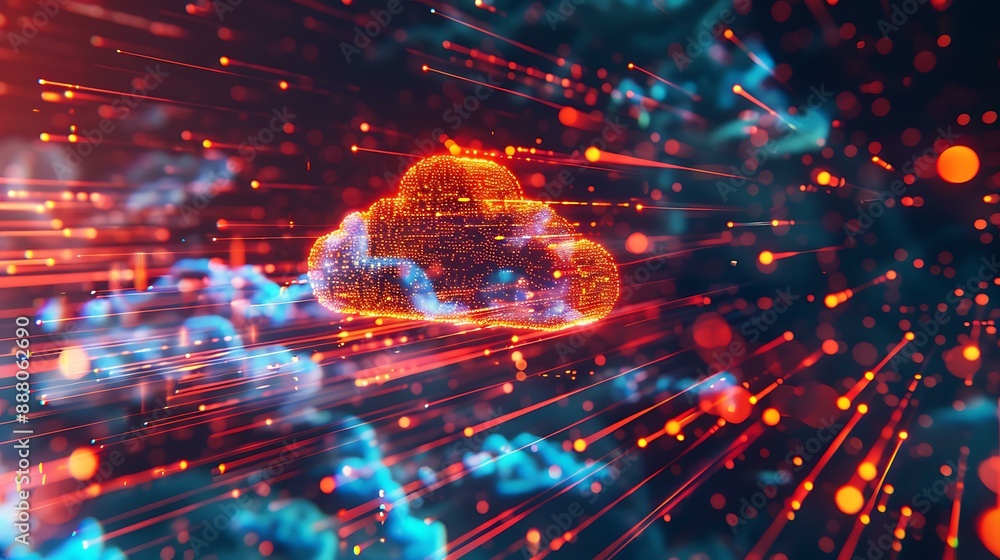 Poster visual concept of digital data transfer with cloud symbols and virtual connections highlighted by vi