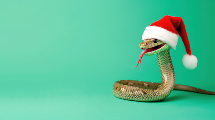 Obraz premium Snake with an open mouth wearing a Santa Claus hat on a green background. New Year 2025. Copy space.