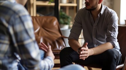 a man sitting on a chair talking to another man in a room