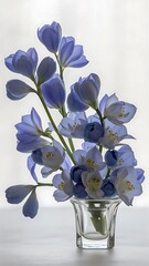 Blue muscari flowers and periwinkles in a small glass vase on light bacgdround front view