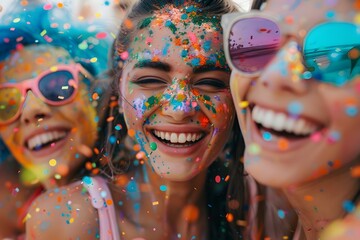 Obraz premium Joyful Festive of Friends at a Vibrant Colorful Holiday Festival