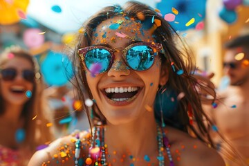 Joyful Friends Celebrating Vibrant Holiday Festival with Smiles and Laughter