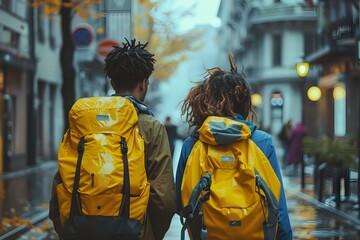 Obraz premium Friends Exploring a Vibrant City Together in Uplifting Candid Moment