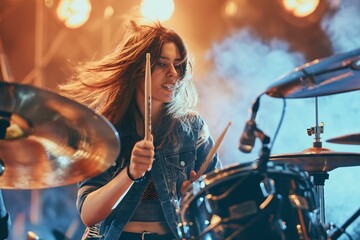 Young female drummer rocking out on stage, vibrant lighting and smoke enhance the live performance energy. Womens Equality Day, women on stage