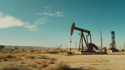 Fototapeta premium The change in oil prices caused by the war. Oil price cap concept. Oil drilling derricks at desert oilfield. Crude oil production from the ground. Petroleum production.