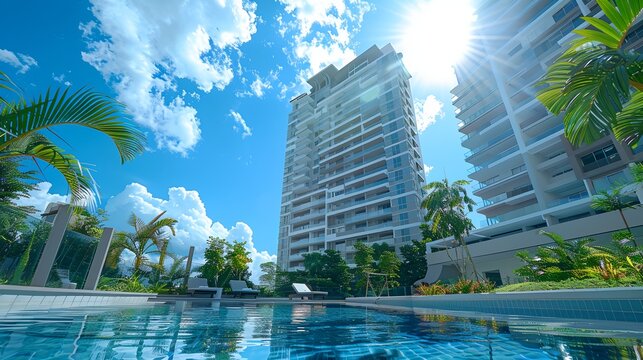 a large building with a pool in front of it