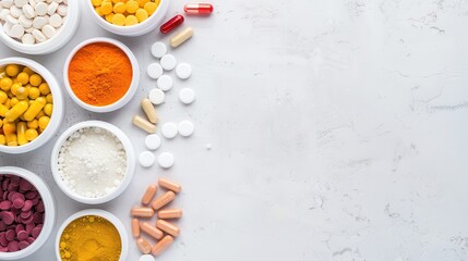 Assorted pills, capsules, and powders in containers on a white background..