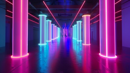 Fototapeta premium a long hallway with columns and neon lights