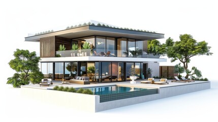 3d rendering of modern house by the river at morning, house, luxury, villa, modern, architecture, building, exterior, residential, property, designer