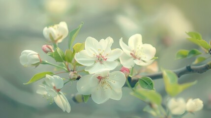Fototapeta premium a branch with white flowers and green leaves on it