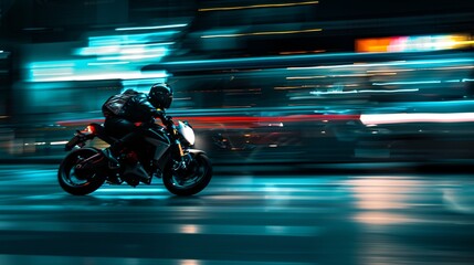Fototapeta premium a man riding a motorcycle down a street at night time