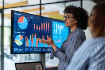 A business analyst presenting data with charts and graphs on a screen in a modern office environment. Womens Equality Day, women's speaking, women in leadership