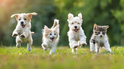 Obraz premium Cute funny dog and cat group jumps and running
