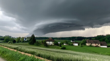 Fototapeta premium Imposing Storm Clouds Captivating image of a massive storm front sweeping over a rural landscape in south Germany showcasing the dramatic power and beauty of nature's fury Brainstorming Magazine