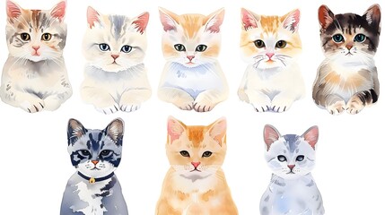 Fototapeta premium Cute cats collection on white background. Colorful graphic cats, poster design. Watercolor hand drawn illustration. Painted backdrop. Cloth pattern. Cat, kitten