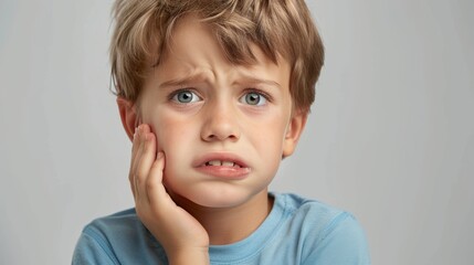 Fototapeta premium little boy presses hand to cheek, suffers from pain in tooth isolated on gray studio background. Teeth decay, dental problems, child emotions and facial expression