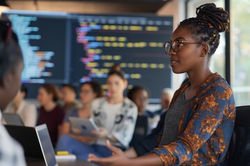 Programmers collaborate in a classroom, discussing code on laptops, focusing on development in a dynamic workspace. Women's Equality Day, women and high tech