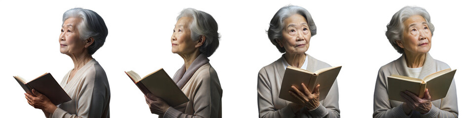 Elderly woman reading a book and looking thoughtful on a transparent background