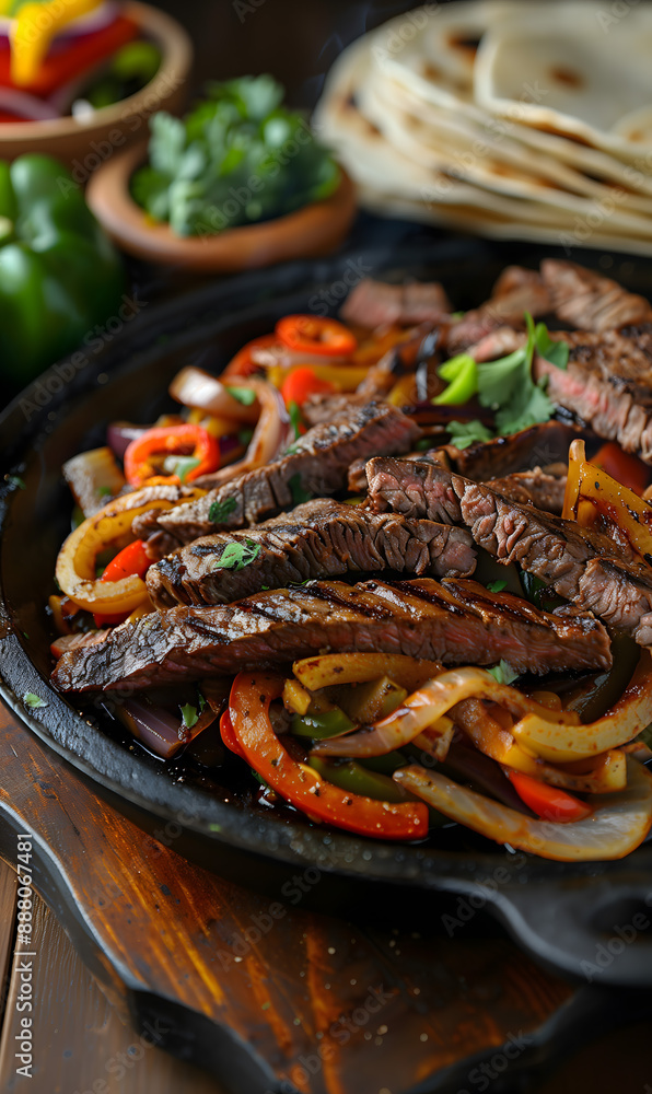 Wall mural sizzling beef fajitas with colorful bell peppers and onions on a skillet