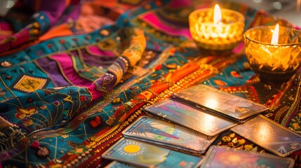 Fototapeta premium Colorful tarot card spread with a variety of symbolic imagery on a vibrant cloth, under candlelight 