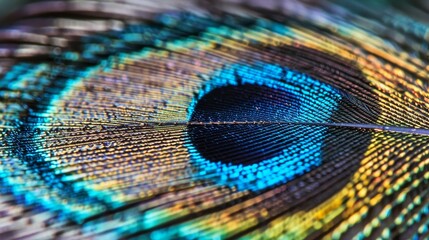 Naklejka premium Majestic 8K Close-up of Iridescent Peacock Feather with Exquisite Eye Pattern Detail and High Dynamic Range.