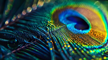 Naklejka premium Majestic 8K Close-up of Iridescent Peacock Feather with Exquisite Detail and High Dynamic Range.