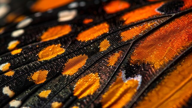 Macro Close-up of Monarch Butterfly Wing Scale Showing Microscopic Ridge Structures and Vibrant Orange Pigments.