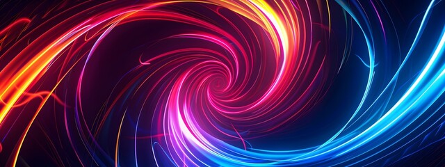 Fototapeta premium Abstract glowing spiral background with red, blue and yellow light effects in the style of vector illustration. Neon lights swirls in dark space with fire sparks for a design element, party banner