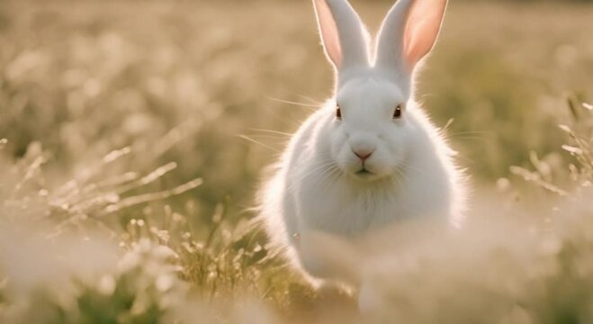 Little white rabbit in the field in slow motion