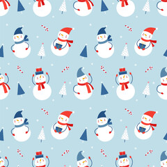 Seamless vector pattern with funny snowmen and Christmas trees. Winter seamless background in flat cartoon style.