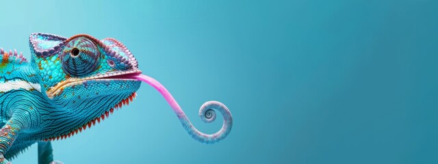 Funny animal - Celebration, happy birthday, summer party, greeting card banner - chameleon reptile with sunglasses and tongue out, isolated on pastel blue colorful background texture