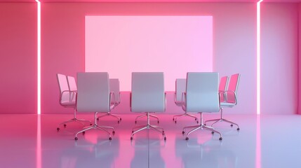 Modern conference room with stylish chairs and vibrant pink lighting, creating a contemporary and dynamic meeting space for business discussions.